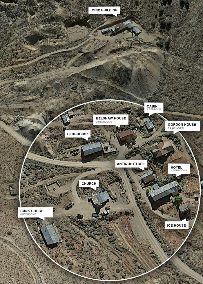 An aerial map showing the layout of the entire ghost town Cerro Gordo. An aerial map showing the layout of the entire ghost town Cerro Gordo.