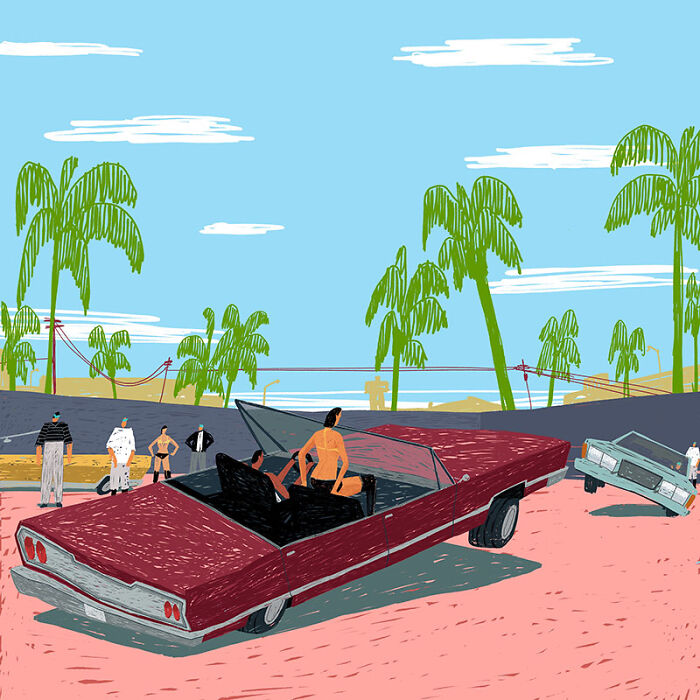 Nostalgic painting depicting a street scene with cars and people, a nod to the golden era of GTA.