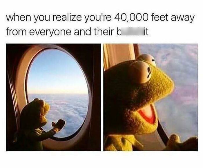 Kermit the Frog looking out an airplane window with a caption relatable to memes for introverts