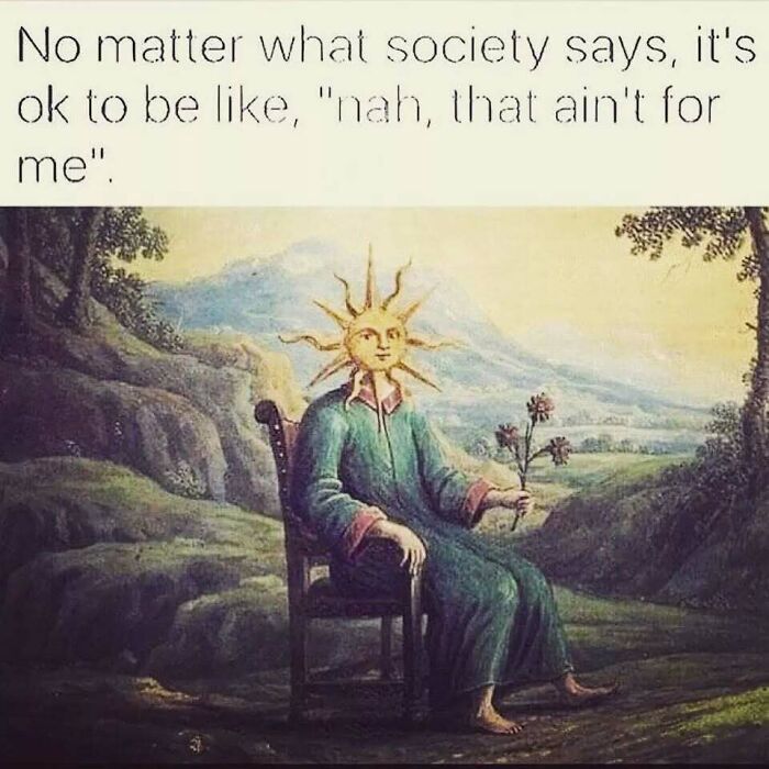 A historical painting of a sun-headed figure sitting in a chair, illustrating memes for introverts