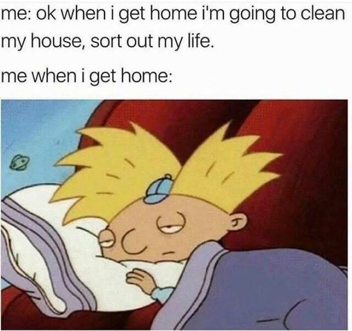Relatable memes for introverts showing Arnold tucked in bed instead of cleaning his house.