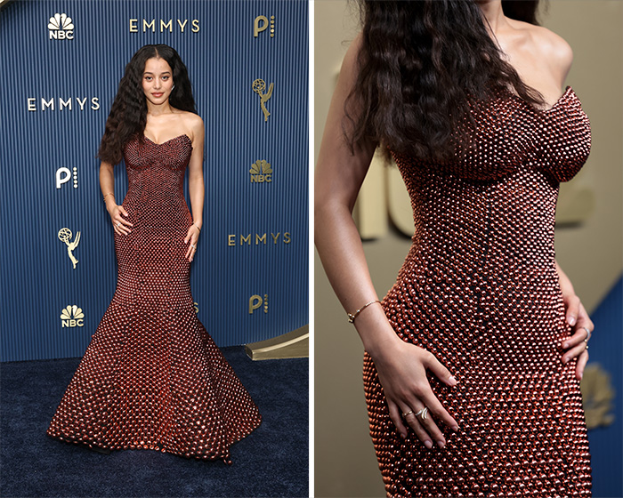 Woman at the 2026 Emmys, wearing a shimmering, form-fitting copper-colored gown, among the worst dressed stars.