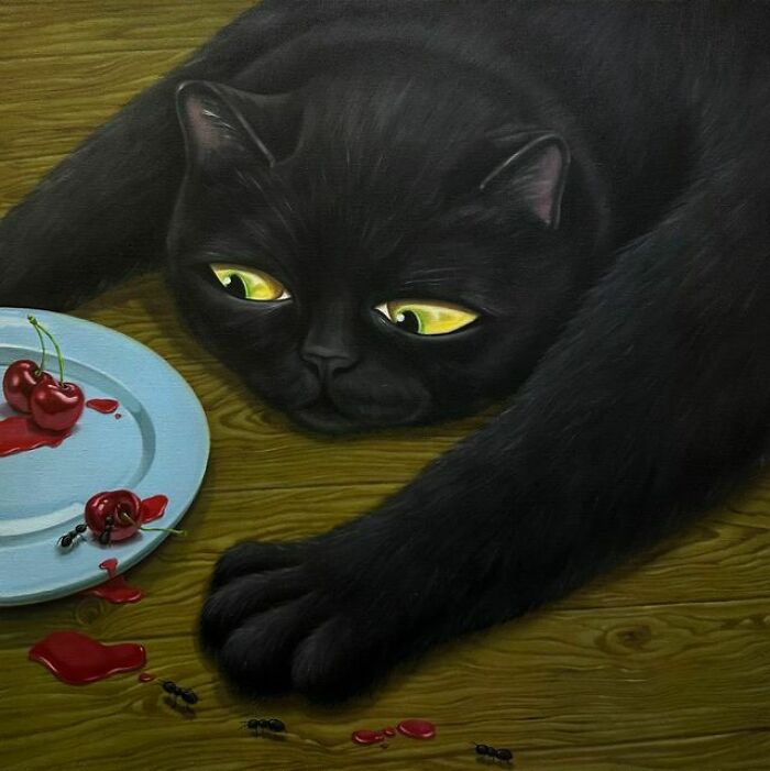 A black cat stares intently at spilled cherries and ants on a wooden floor, a surreal moment of curiosity.