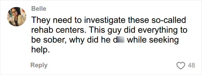 A social media comment about Presley Gerber’s tragic passing questioning rehab center safety protocols. A social media comment about Presley Gerber’s tragic passing questioning rehab center safety protocols.