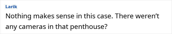 Social media post questioning the lack of security cameras inside a penthouse apartment. Social media post questioning the lack of security cameras inside a penthouse apartment.