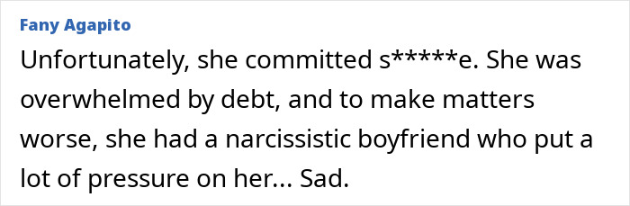 Social media comment mentioning a 22yo daughter dating her boss, debt pressure, and s*****e. Social media comment mentioning a 22yo daughter dating her boss, debt pressure, and s*****e.