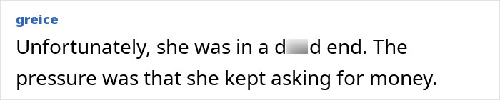 A social media comment mentioning money pressure, related to the daughter dating her boss story. A social media comment mentioning money pressure, related to the daughter dating her boss story.
