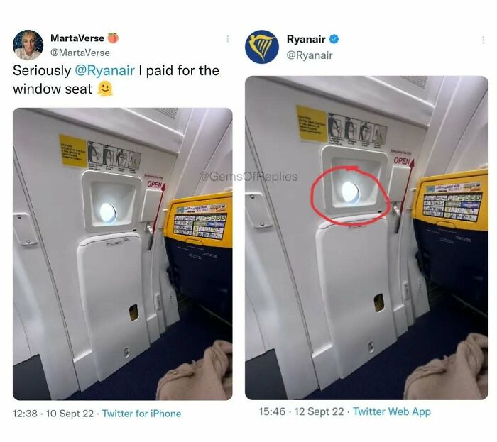 A perfect reply from Ryanair shows a window seat on a plane, highlighting a user's complaint.