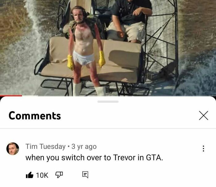 A man on an airboat, resembling a GTA character, with a YouTube comment about finding gold after scrolling down.