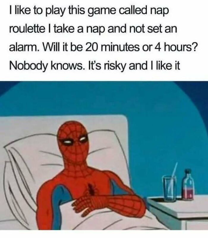 Spiderman in bed meme playing nap roulette, perfect humor for relatable memes for introverts.