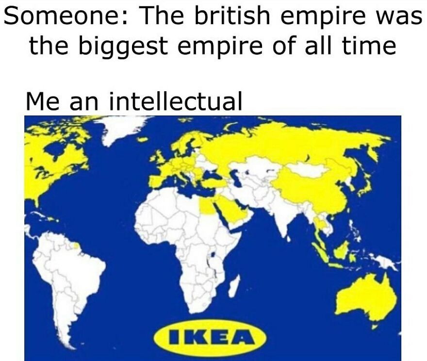 A world map showing Ikea locations highlighted in yellow from history memes