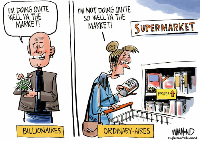 Comic contrasting billionaires and ordinary people in the market by Dave Whamond
