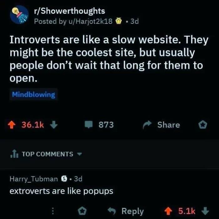 A Reddit post about how introverts are like slow websites, perfect for memes for introverts.