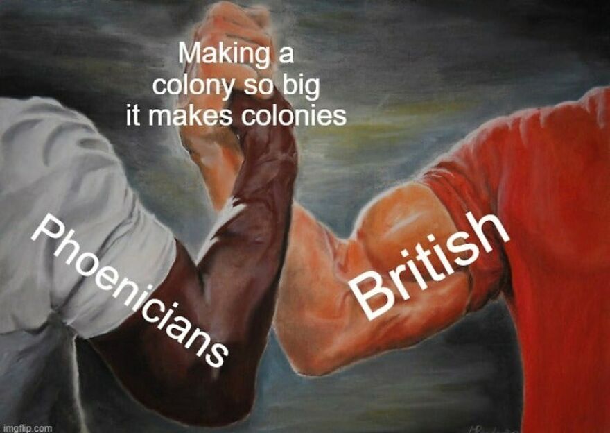 Epic handshake meme comparing Phoenicians and British making colonies, showcasing history memes.