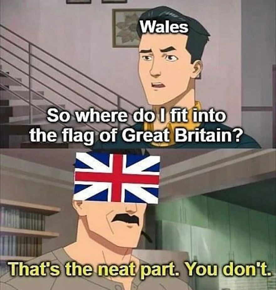 A history meme showing Wales asking where it fits in the Union Jack flag.
