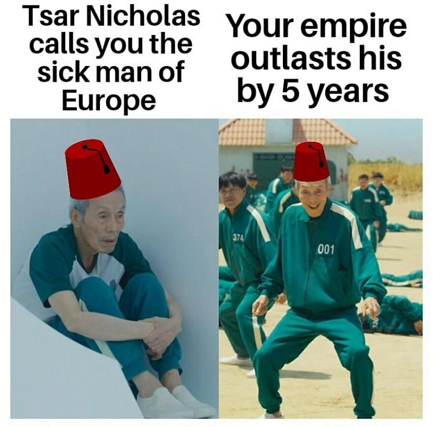 Squid Game meme about Ottoman and Russian empires, representing history memes
