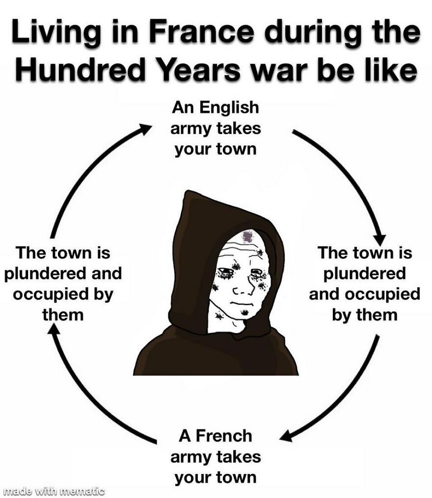 Sad wojak loop of living in France during the Hundred Years War in these history memes.