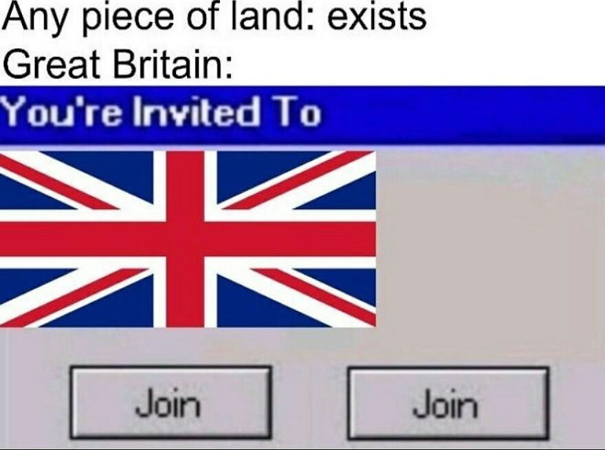 A Union Jack flag joke illustrating British imperialism in history memes.