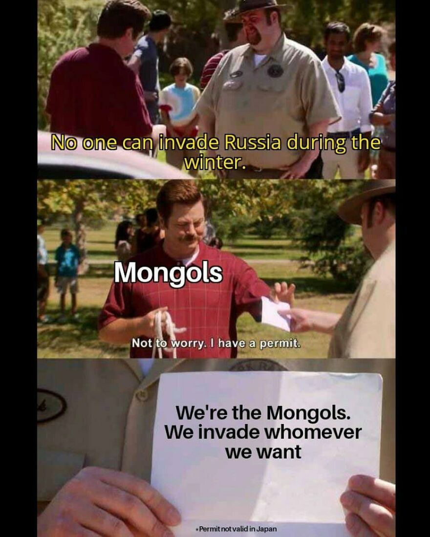 Parks and Rec history meme about the Mongols invading Russia during winter.
