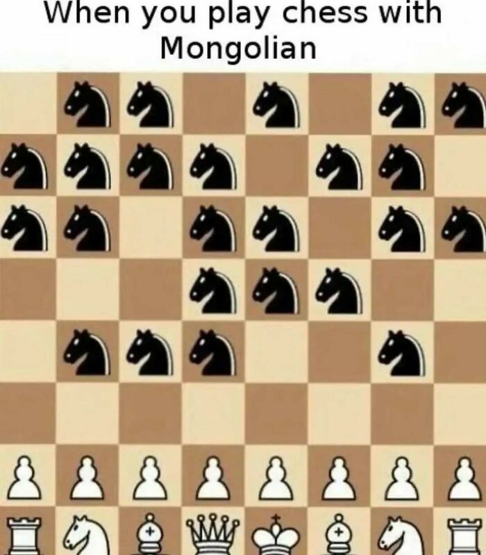 Chess board meme showing many knights representing playing chess with Mongolian