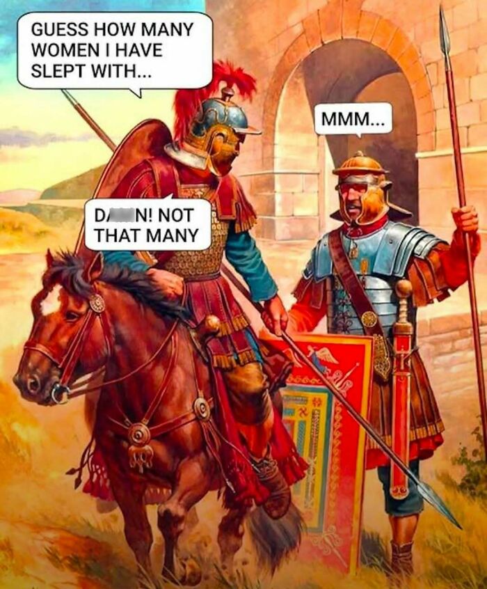 Comic-style history meme of Roman soldiers joking about number of women one slept with
