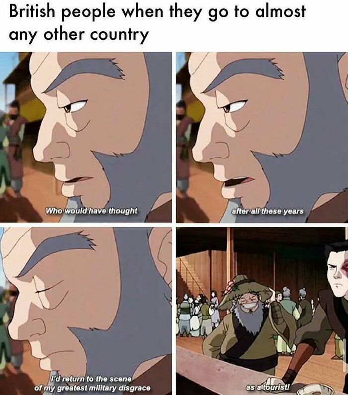 History meme depicting British people returning to site of military disgrace as tourists