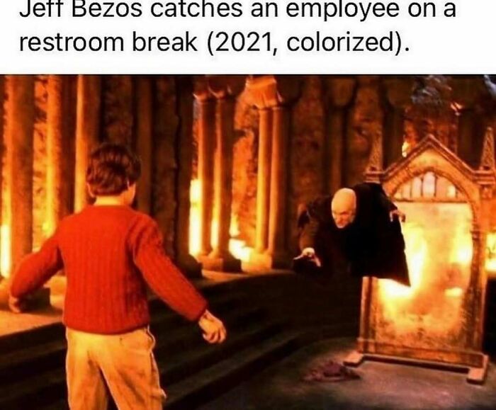 Humorous meme of Jeff Bezos catching an employee on break in a historic setting