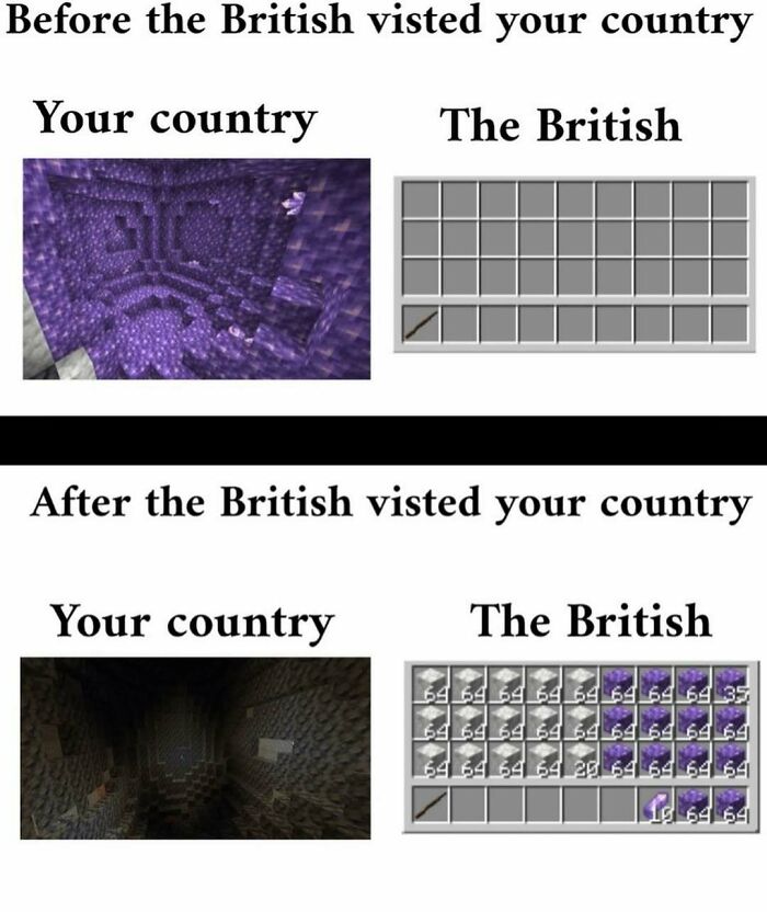 Before and after British visit Minecraft meme with items taken from your country inventory