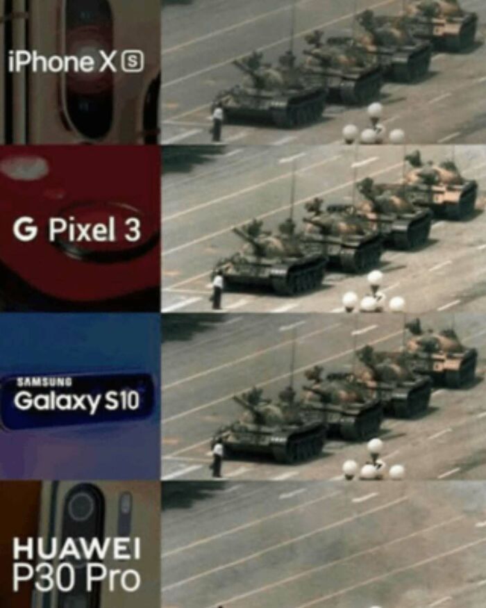 Comparison of iconic Tiananmen Square Tank Man photo as seen through different smartphone cameras