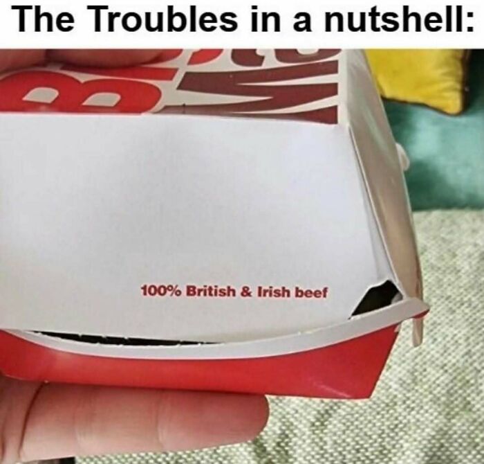 History meme highlighting British and Irish beef in fast food packaging
