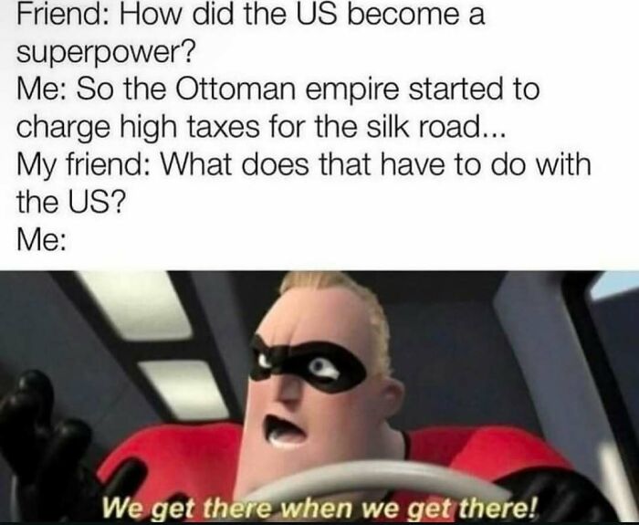 Meme explaining US superpower rise linked to Ottoman taxes with cartoon character