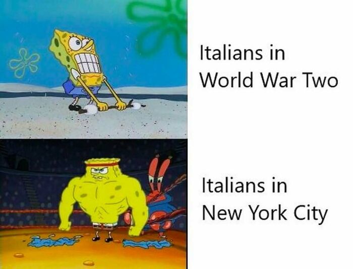 Spongebob meme comparing Italians in World War Two and New York City