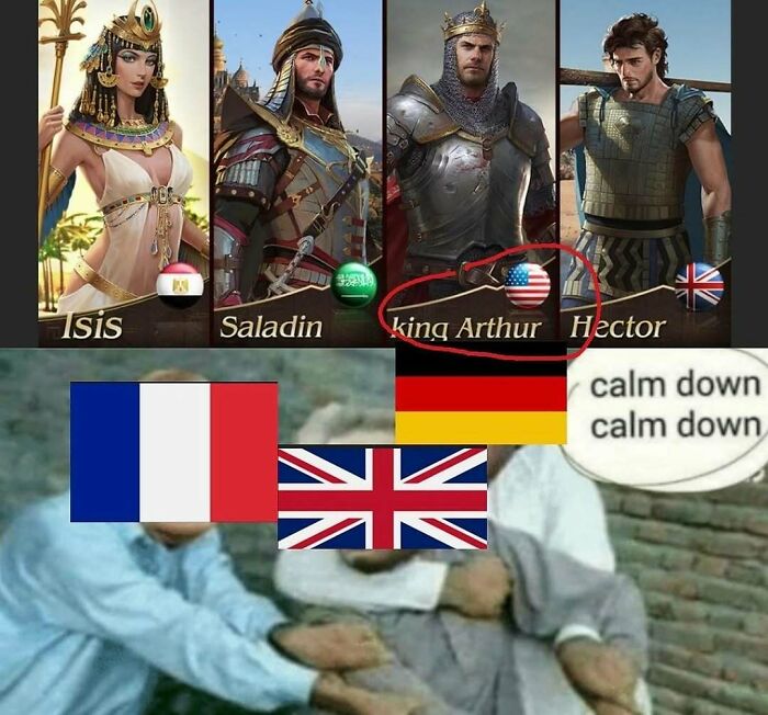 History memes with characters like Isis, Saladin, king Arthur, and Hector in medieval armor