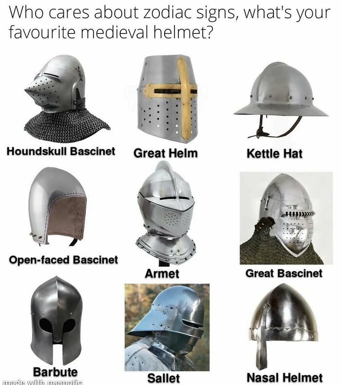 Medieval helmets labeled with names in a history meme