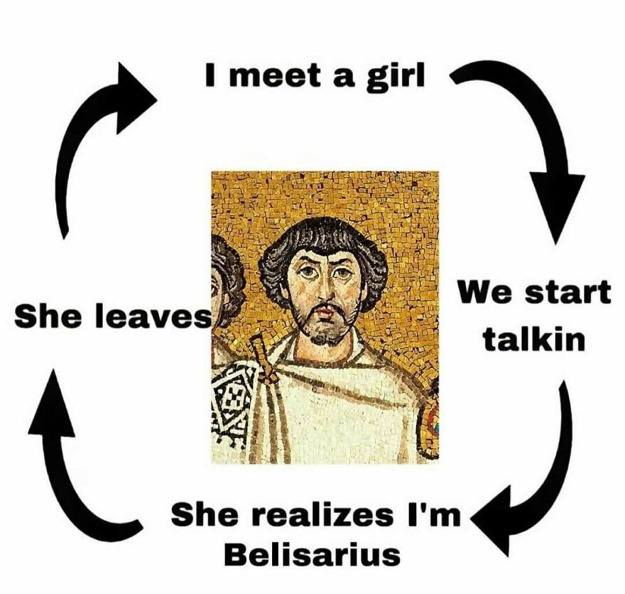 Amusing history memes showing a relationship cycle about being Byzantine general Belisarius