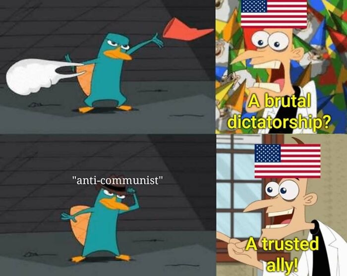 History memes showing anti-communist label and US called trusted ally in brutal dictatorship meme