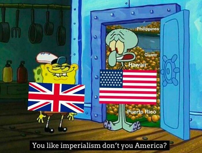 History meme showing British and American imperialism with labeled territories