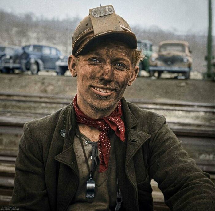 Historical colorized photos of a smiling coal miner with a dirty face and a red bandana.