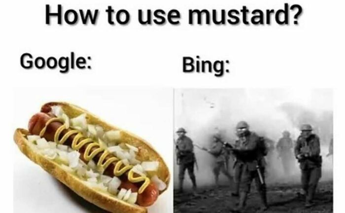 Funny history meme comparing mustard use on hot dog and wartime scene
