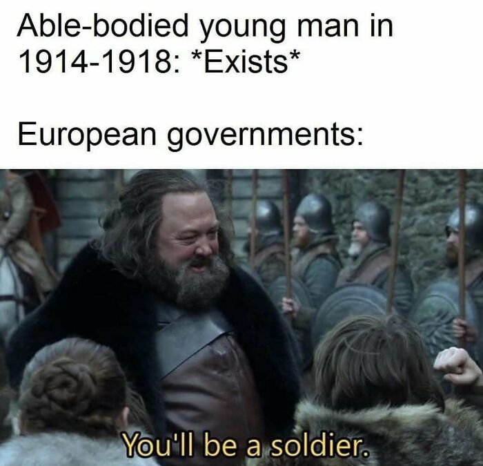 Meme about able-bodied young men in 1914-1918 made soldiers by European governments