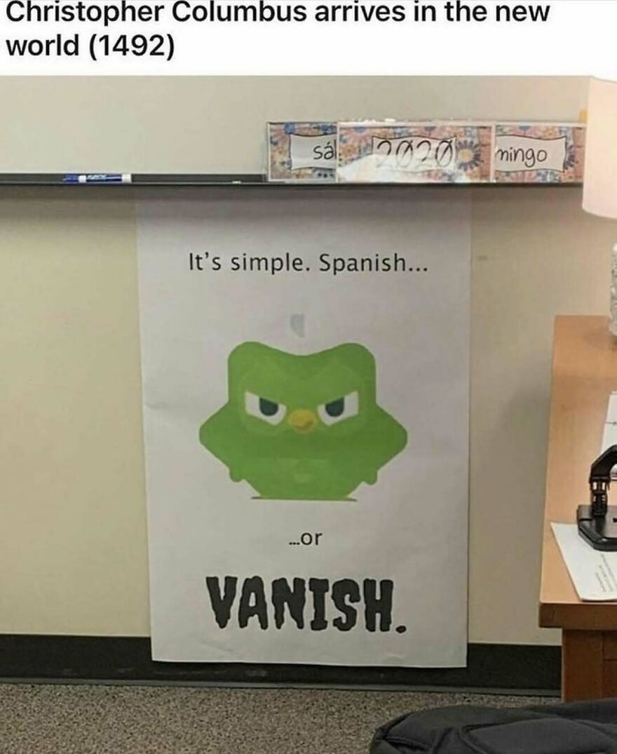 Humorous history memes depicting an angry Duolingo bird representing Columbus arriving in America