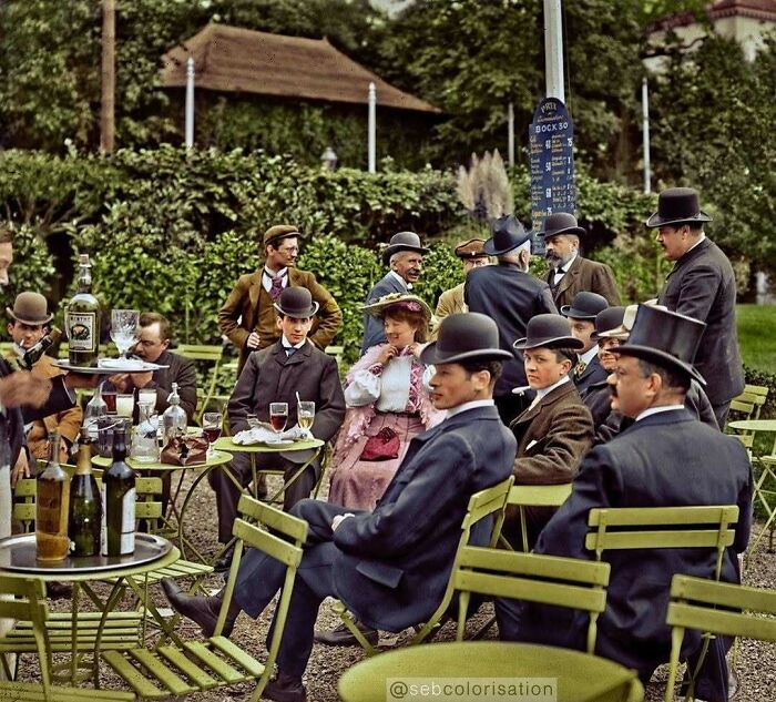 Historical colorized photos: Men and women in period attire enjoying drinks at an outdoor cafe.