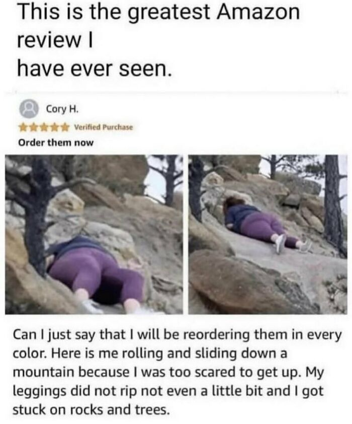 A funny meme displaying a top Amazon review about durable leggings, shown with a person rolling down a mountain.