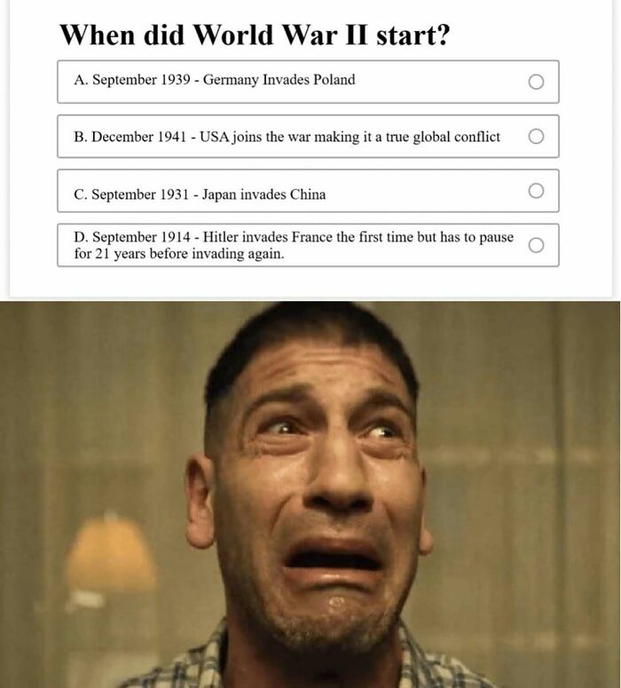 World War II start date quiz meme with crying man reacting