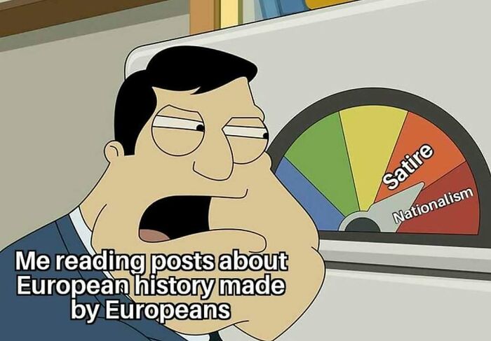Animated character reacting to European history memes highlighting satire and nationalism