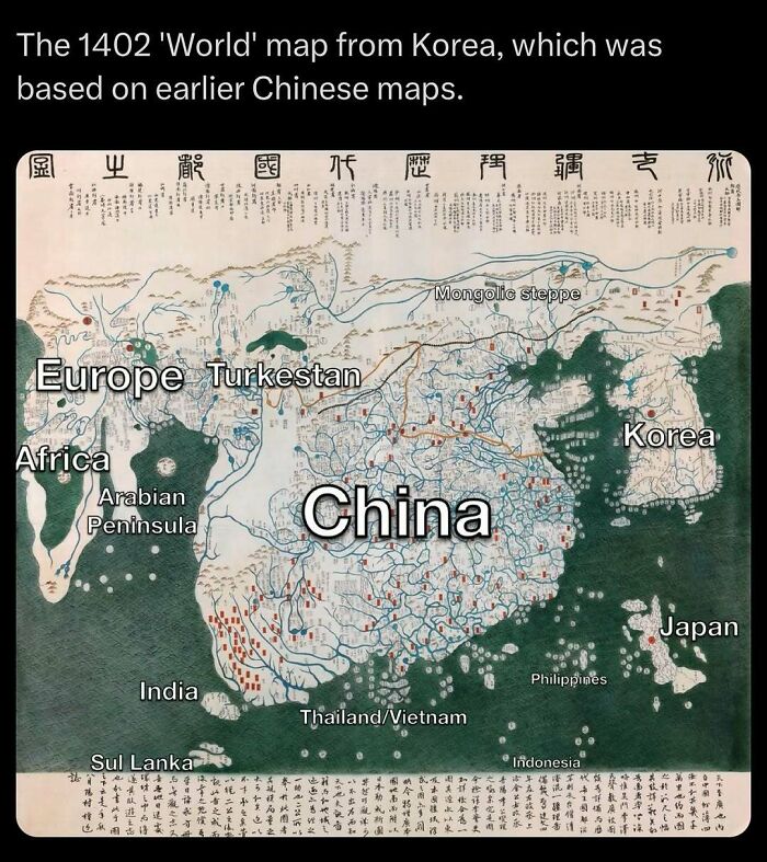 Photos from history depicting a 1402 world map from Korea based on Chinese maps.