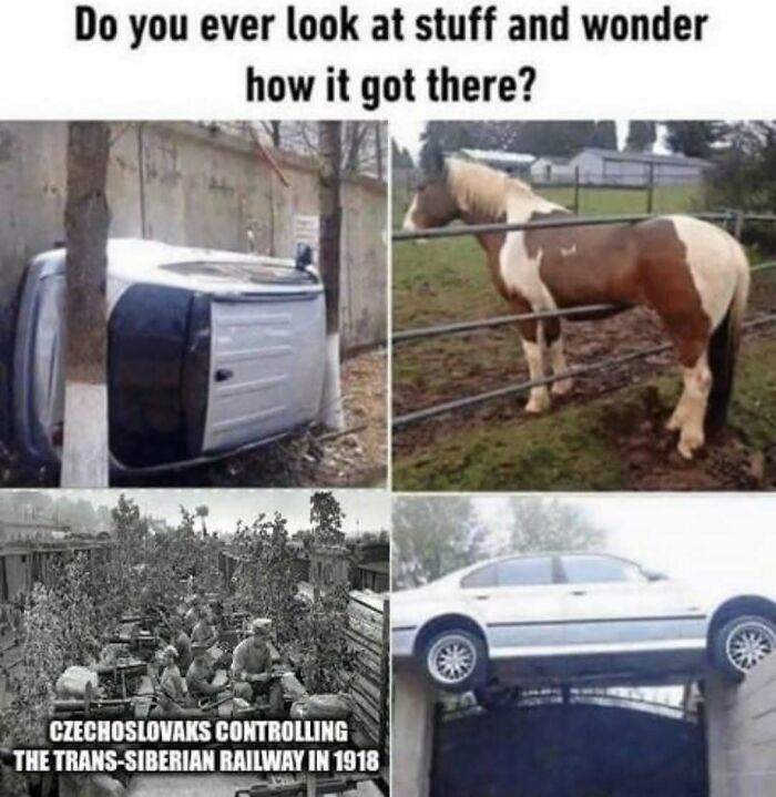 Funny history memes showing unusual situations and Trans-Siberian Railway control in 1918