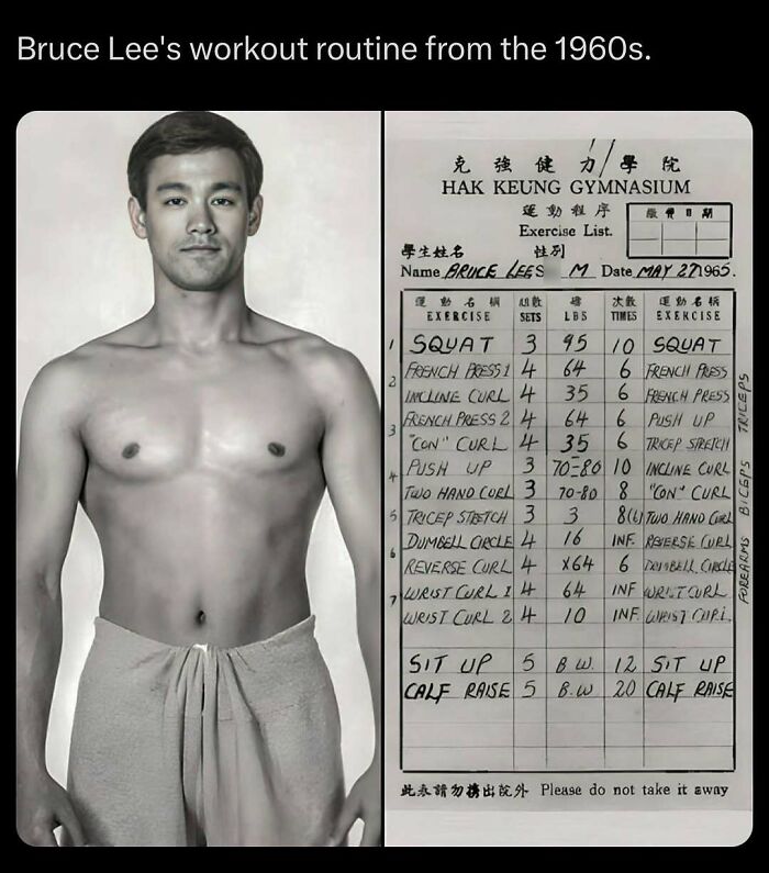 Bruce Lee pose next to his 1965 workout routine from history