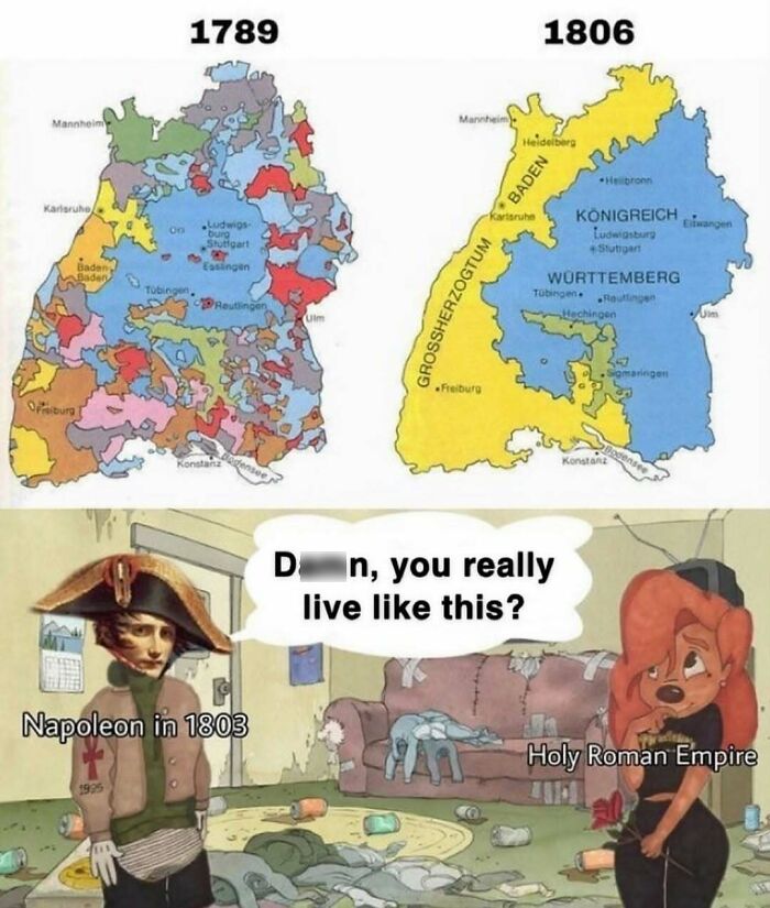 Comparison meme of 1789 and 1806 German regions with cartoon Napoleon and Holy Roman Empire history meme