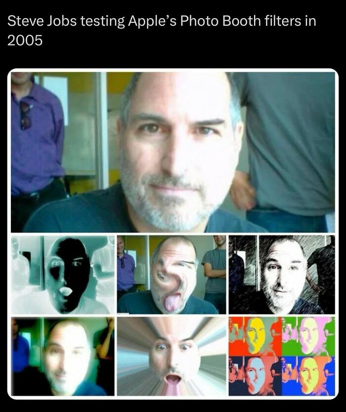 Steve Jobs testing Photo Booth filters in 2005. Photos from history showing tech milestones.